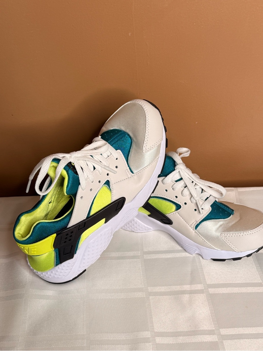 Kids White Teal and Neon Yellow Sneakers